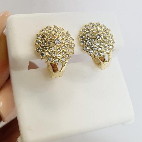 14K Yellow Gold CZ Flower Earrings Latch Back Earrings 4.3g Aretes Argollas Oro - Picture 1 of 1